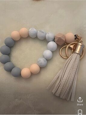 Beaded Wristlet Keychain with Tassel - Peach, Gray & Marble